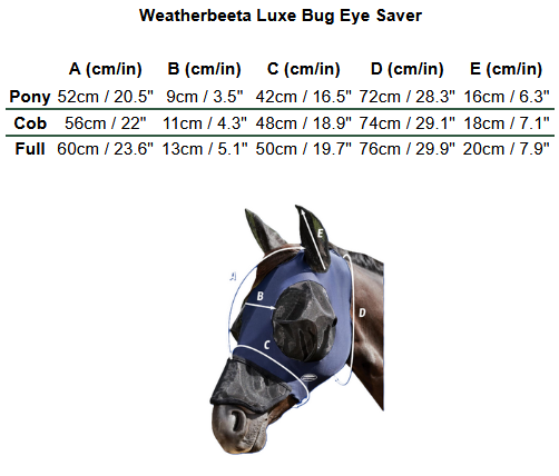 2025 Weatherbeeta Luxe Bug Eye Saver  Size Chart